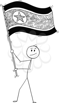 Cartoon drawing conceptual illustration of man waving the flag of Democratic People's Republic of Korea or North Korea.