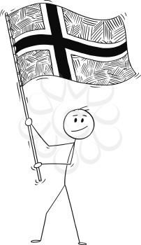 Cartoon drawing conceptual illustration of man waving the flag of Kingdom of Norway.