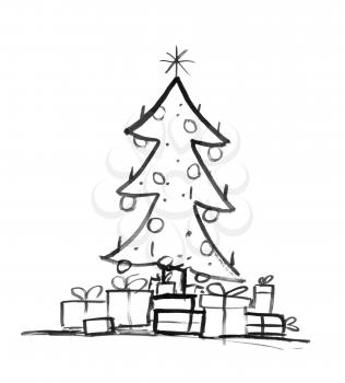 Black brush and ink artistic rough grunge hand drawing of decorated Christmas tree and wrapped gift boxes around.