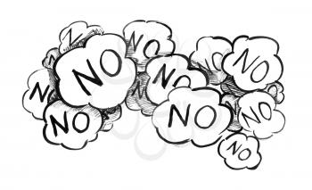 Black brush and ink artistic rough hand drawing of group of speech bubbles or text balloons with word No representing negative answer, rejection or negativity.