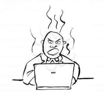 Black brush and ink artistic rough hand drawing of angry businessman working on computer.