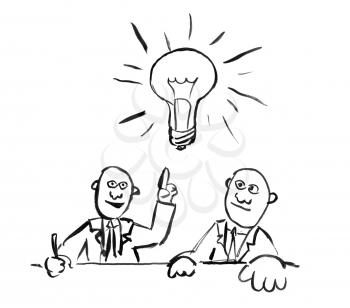 Black brush and ink artistic rough hand drawing of two businessmen thinking together about problem with light bulb as idea metaphor.