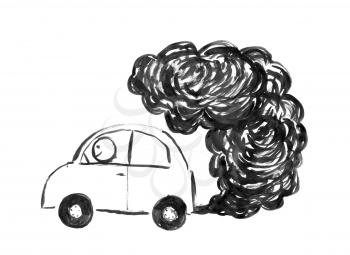 Black brush and ink artistic rough hand drawing of smoke coming from car exhaust into air. Environmental concept of pollution.