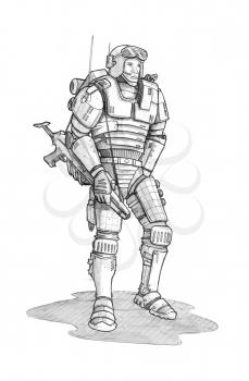 Black and white rough ink sketch of future sci-fi soldier with weapon and body armor.
