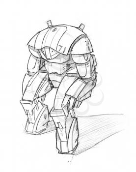 Black and white rough pencil sketch of robot character.
