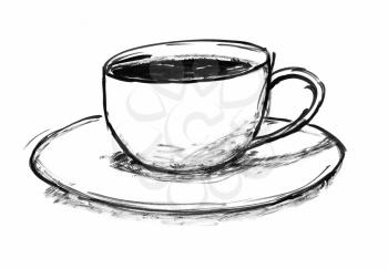 Black brush and ink artistic rough hand drawing of cup of hot coffee.