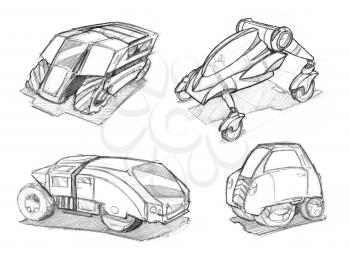 Black and white pencil concept art drawing of set of futuristic or sci-fi automotive concept art drawings designs.