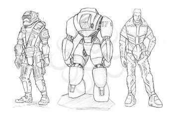 Set of black and white rough ink drawings of various characters in sci-fi futuristic spacesuit or battle, space or pressure suit and humanoid robot.