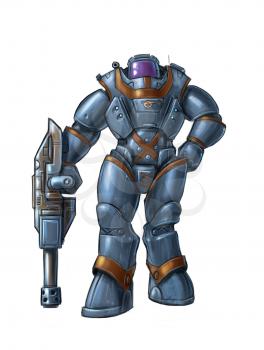 Concept art digital painting or illustration of science fiction futuristic military soldier character or astronaut in heavy armor or spacesuit holding big gun or weapon.