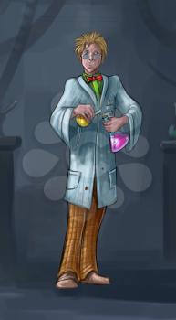 Concept art sci-fi digital painting or illustration of mad scientist working in laboratory.