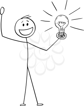 Vector cartoon stick figure drawing conceptual illustration of happy celebrating man or businessman with idea or solution holding shining light bulb in hand.