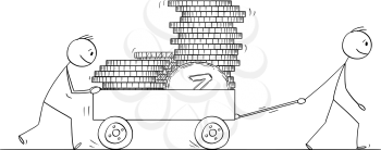 Vector cartoon stick figure drawing conceptual illustration of two men or businessmen pushing cart or handcart or pushcart loaded by coins.