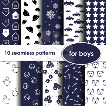 Set of 10 blue seamless patterns for boys. Can be used for wallpaper, website background, textile printing