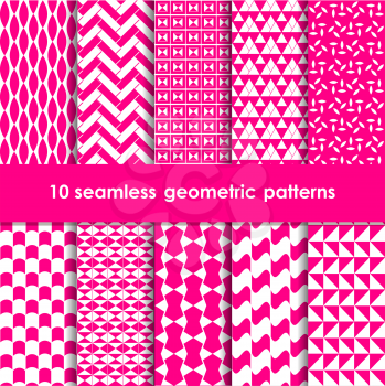 10 geometric seamless patterns set, pink and white vector backgrounds collection.