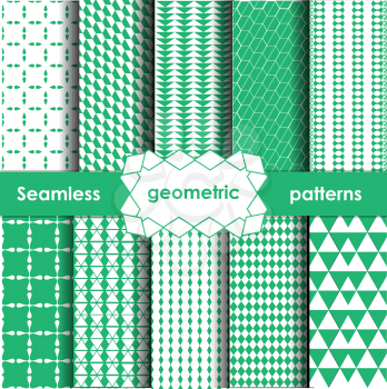 Vector Geometric Seamless Patterns Set. Blue-green Textures on white