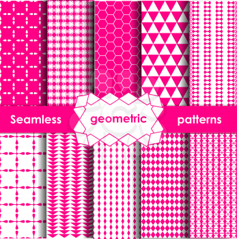 Vector Geometric Seamless Patterns Set. Pink Textures on white