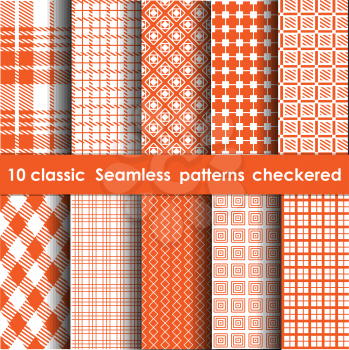 Set of 10 classic seamless checkered patterns. White and orange colors