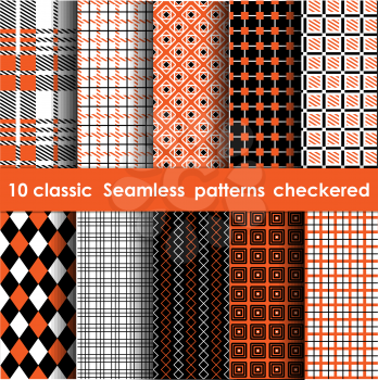 Set of 10 classic seamless checkered patterns. White, orange and black colors