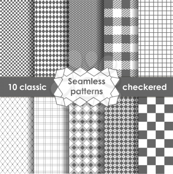 Set of checkered simple fabric seamless pattern in grey and white. 10 classic ornaments