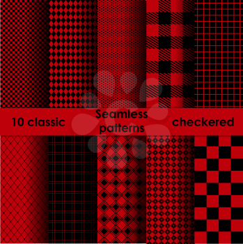 Set of checkered simple red and black fabric seamless pattern. 10 classic ornaments