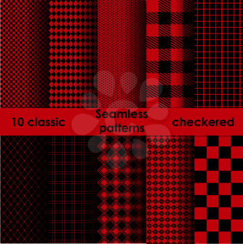 Set of checkered simple red and black fabric seamless pattern. 10 classic ornaments