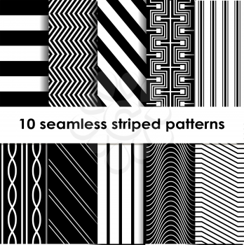 10 Seamless striped vector patterns, white and black texture.