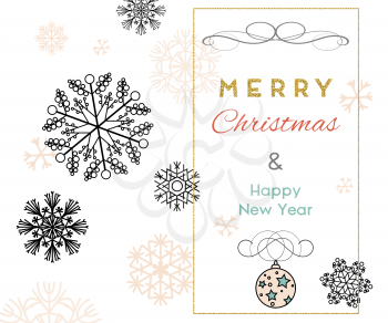 Merry Christmas and Happy New Year greeting card with snowflakes and star, vector illustration.