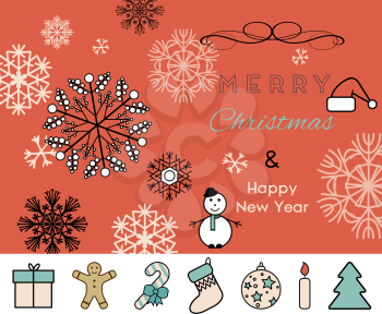 Merry Christmas and Happy New Year greeting card with snowflakes, star and icons, vector illustration.