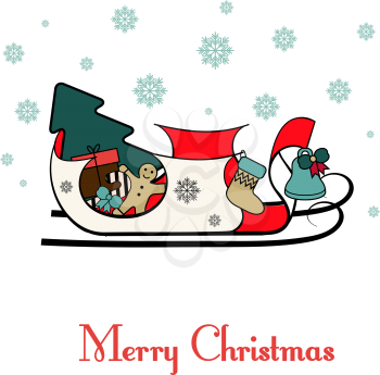 Open sleigh with bunch of gifts. Merry Christmas illustration.