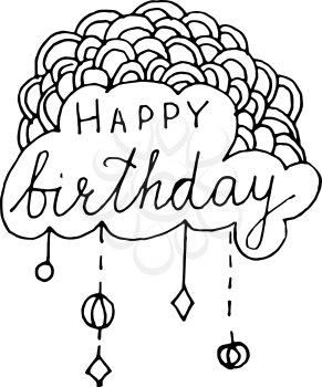 Happy birthday lettering. Holiday text and decorations. Vector element isolated on white. Modern doodle style