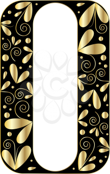Decorative letter shape. Font type O. Black and gold colors
