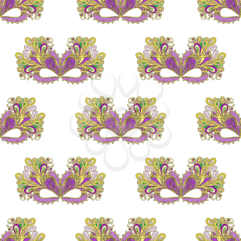 Mardi Gras carnival mask with colorful feathers. Seamless pattern