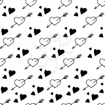 Vector seamless pattern. Simple repeating texture with outline doodle hearts. Stylish hipster texture.