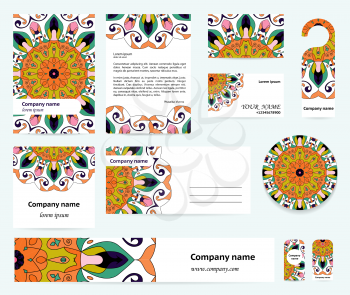 Stationery template design with mandalas in blue, orange, green and pink colors. Documentation for business.