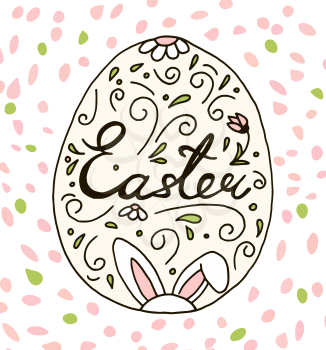 Easter in egg doodle sketch. Vector lettering. Greeting cards and sticker template.