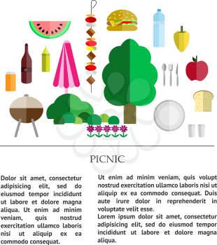 picnic collection - different components of a picnic - food, drinks, utensils and grill, nature with place for text.
