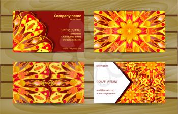 Visiting card and business card with mandala design element logo. Abstract oriental design Layout. Front page and back page in bright yellow and purple colors.