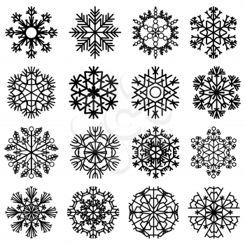 Flat snowflakes. Icons isolated on a white background. Set of 16 black elements of various shape for your design. Vector illustration EPS10.