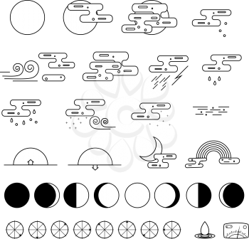 Weather Icons collection and the phases of the moon. Outline modern style. Monochrome icons