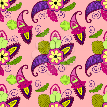 seamless pattern with paisley and flowers in bright colors on pink background 