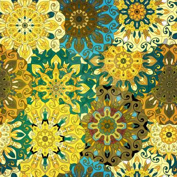 Vintage decorative pattern. Islam, Arabic, Indian, ottoman motifs. Perfect for printing on fabric or paper. Can be used for greeting card or booklet background.  Blue, yellow and orange colors