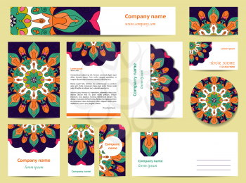 Stationery template design with bright mandalas. Documentation for business. Blue, gree, orange and pink colors