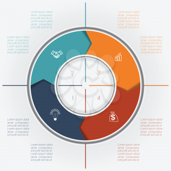 Template for Infographics business conceptual cyclic processes, colour ring from arrows four positions for text area, possible to use for workflow, banner, diagramme, web design, timeline, area chart 
