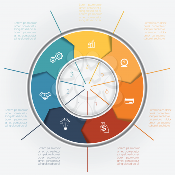 Template for Infographics business conceptual cyclic processes, colour ring from arrows seven positions for text area, possible to use for workflow, banner, diagramme, web design, timeline, area chart