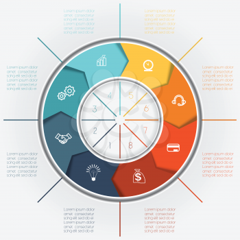 Template for Infographics business conceptual cyclic processes, colour ring from arrows eight positions for text area, possible to use for workflow, banner, diagramme, web design, timeline, area chart