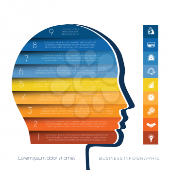 Template for infographic, head the person from colour strips, startup business concept, template for nine positions, steps, options or parts