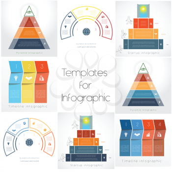  Templates for Infographics Business Conceptual Cyclic Processes, three and four positions for text area, possible to use for workflow, banner, diagram, web design, timeline, area chart