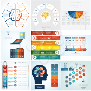 Set 9 templates Infographics business conceptual cyclic processes for six positions text area, possible to use for workflow, banner, diagram, web design, timeline, area chart