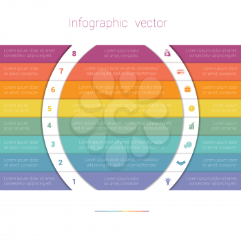 Colorful Strips and White Semicircles for Text.Template Infographic Eight Position. Business Area Chart Diagram Data.