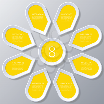 Chart cyclic process  Infographic yellow Points arranged in sun circle,  elements for diagram with 8 steps, options, parts, processes. Universal vector template for presentation and training.